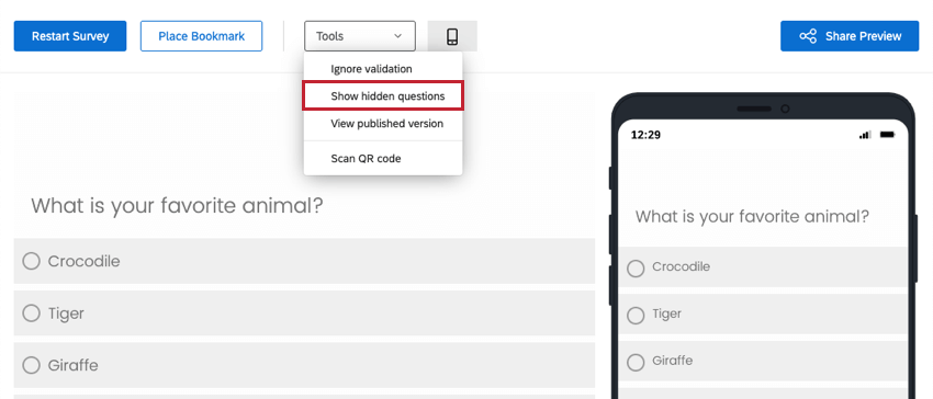 Unter der Schaltfläche „Werkzeuge“ die Option Ausgeblendete Fragen anzeigen