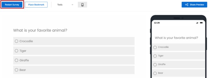 Blue Restart Survey button on upper-left