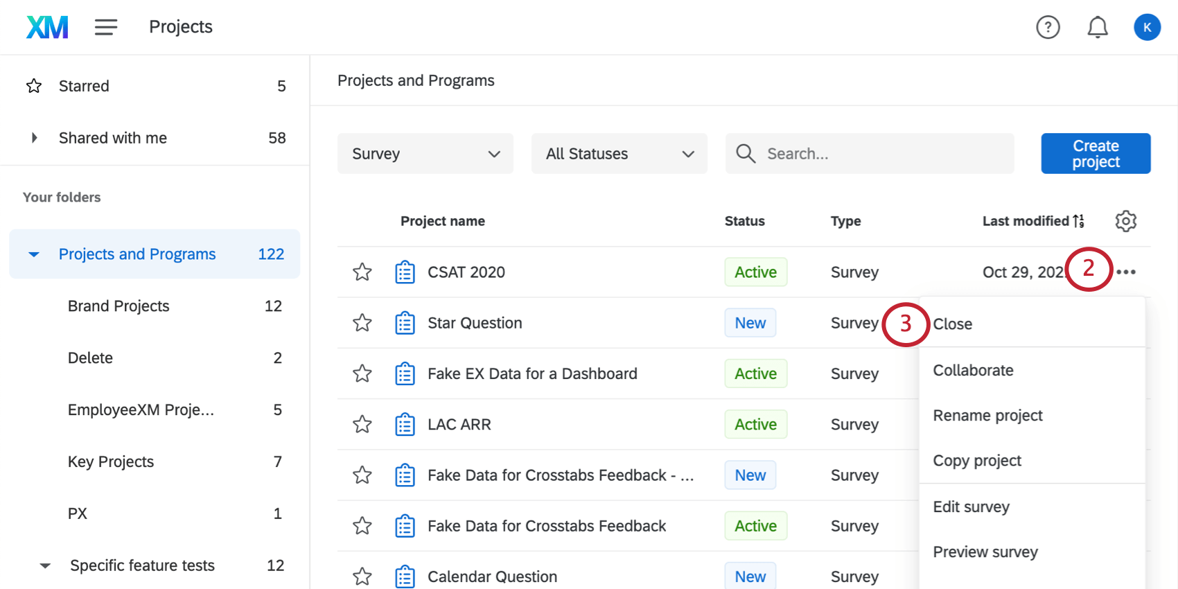 la pagina dei progetti. selezionando le opzioni del progetto per un progetto aperto e selezionando chiudi