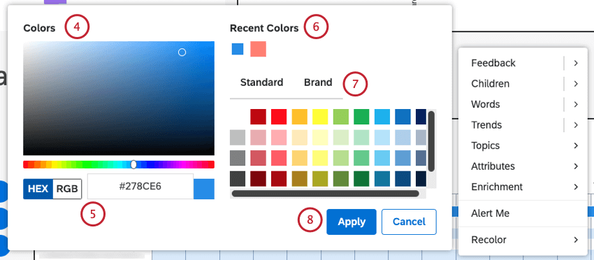Defina uma cor personalizada usando os controles deslizantes do seletor de cores.