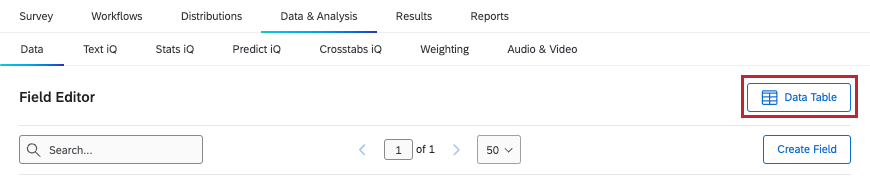 data table button at top of the field editor