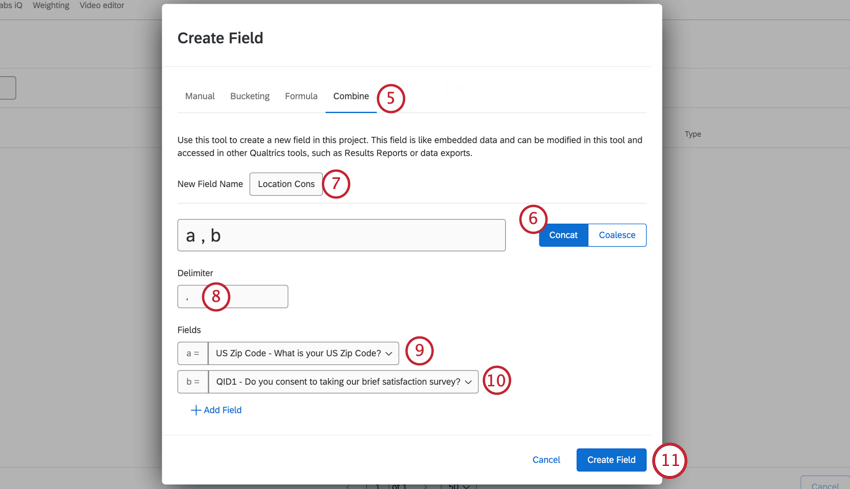 Una variable de combinación establecida para concatenar. La coma es el delimitador y los campos seleccionados son latitud y longitud.
