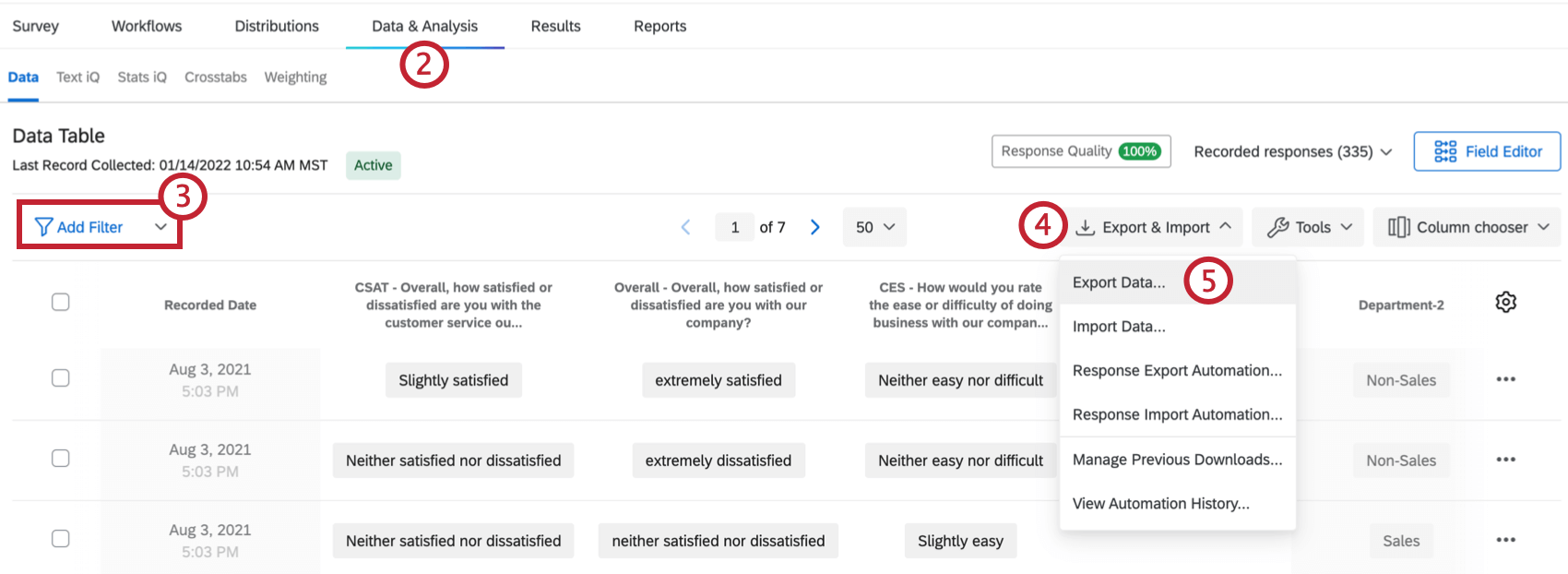 Dropdown-Liste Export und Import mit der Option Daten exportieren oben rechts
