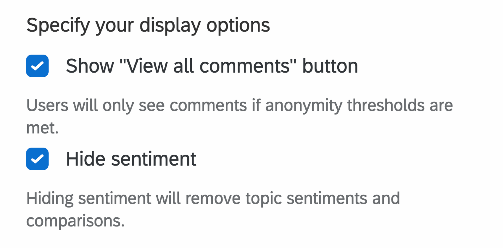 the display options for a comment summaries widget