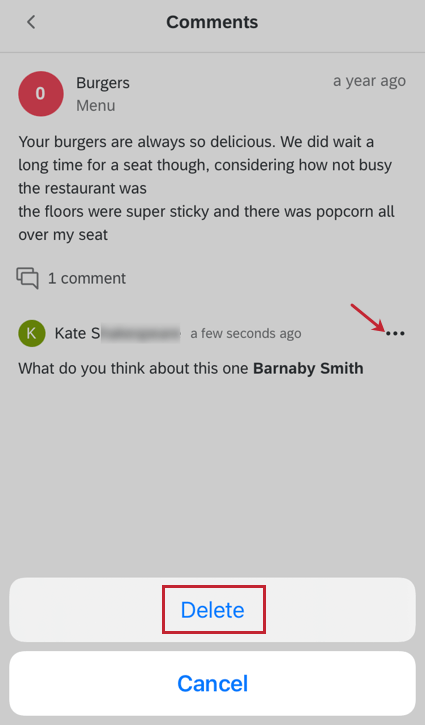 Screenshot of the delete modal that opens when you click the dots next to your comment