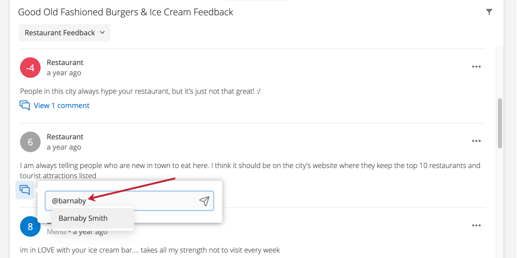 Picture of modal where comment opens, typing @barnaby and seeing "Barnaby Smith" come up as an option