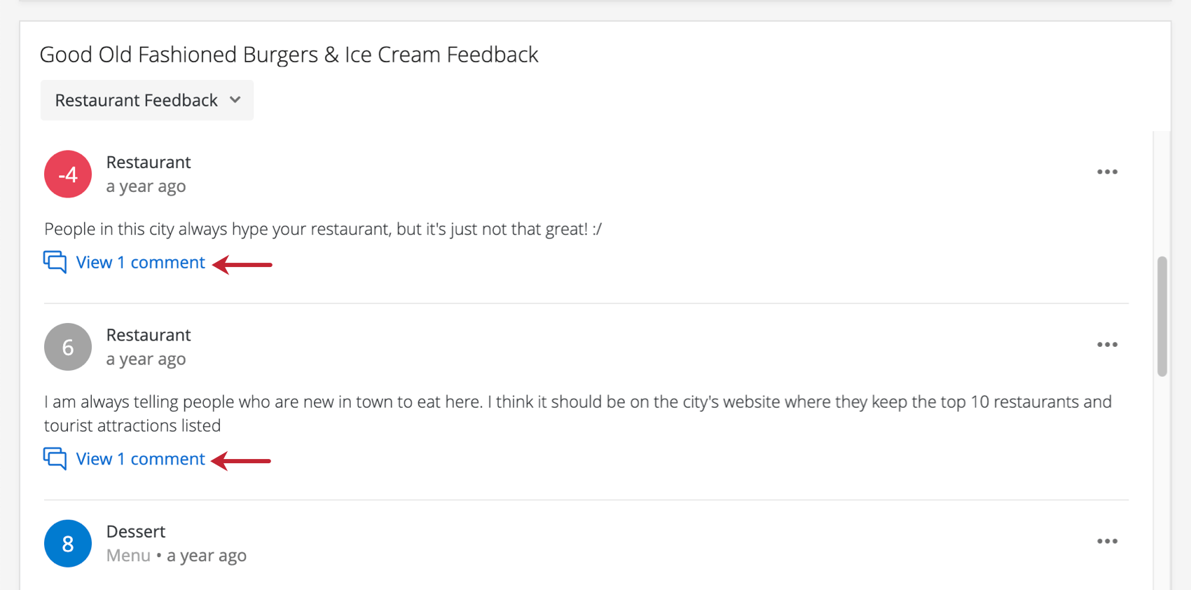 Picture of 2 different comments in a response ticker with "view 1 comment" in blue below