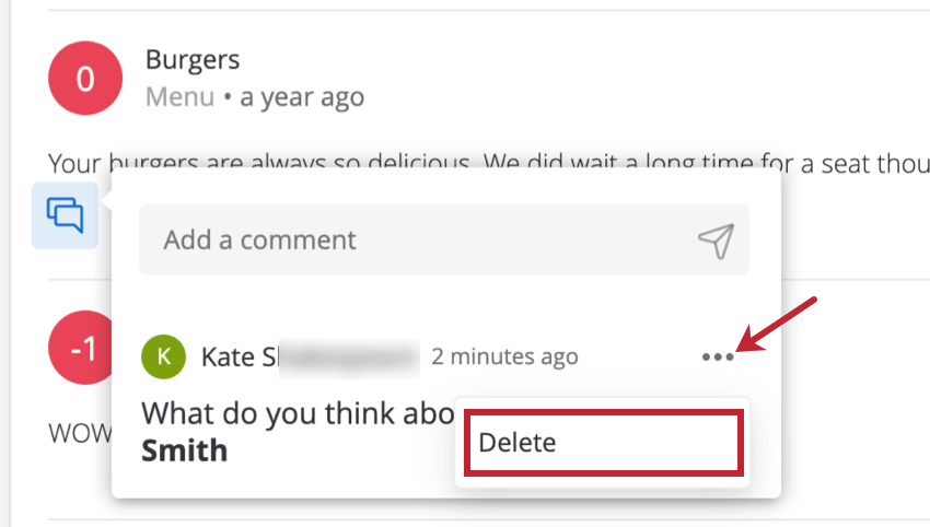 Bild eines Kommentars aufgeklappt, drei Punkte Dropdown-Box expandiert, um eine Löschdrucktaste anzuzeigen