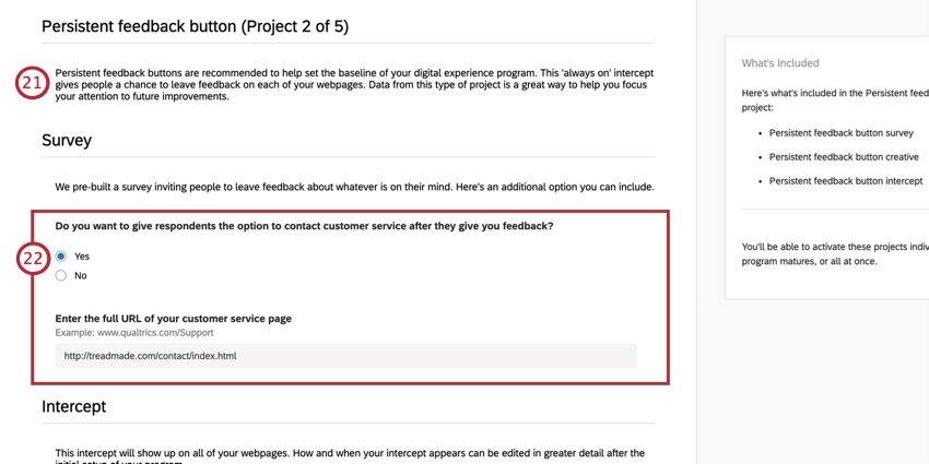 Persistnet feedback button, survey settings