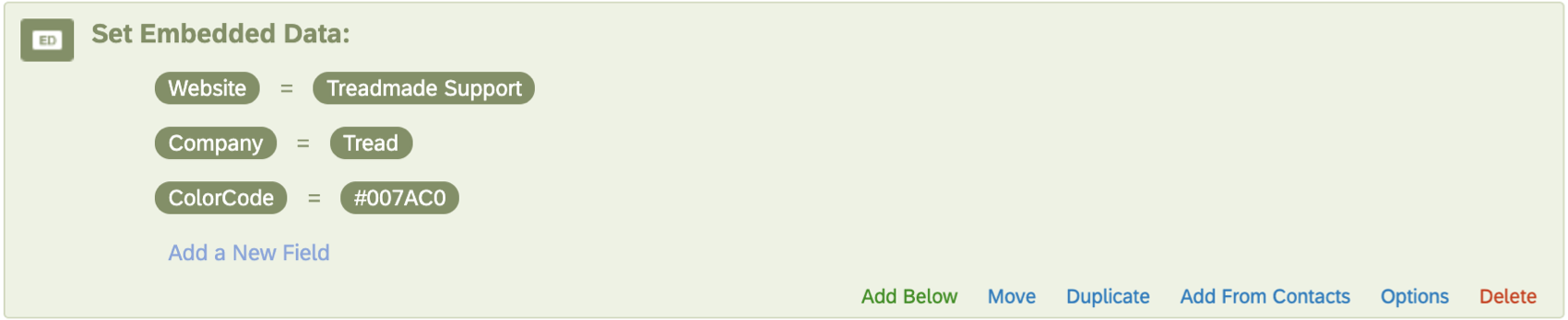 Champ de données intégré en vert, avec des champs de code de site web, dentreprise et de couleur dont les valeurs sont définies par ces réponses