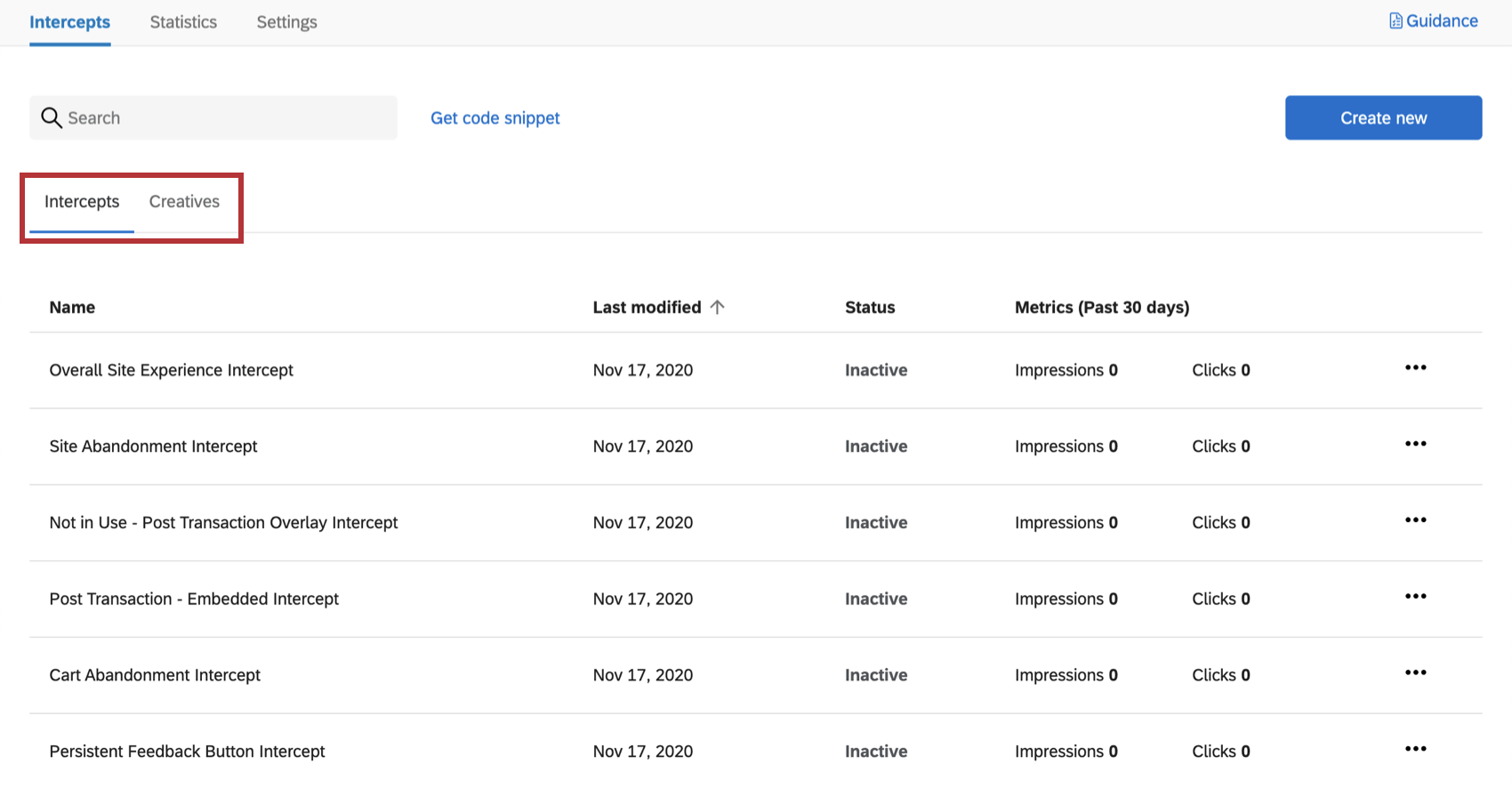 Below search bar, two tabs: intercepts and creatives