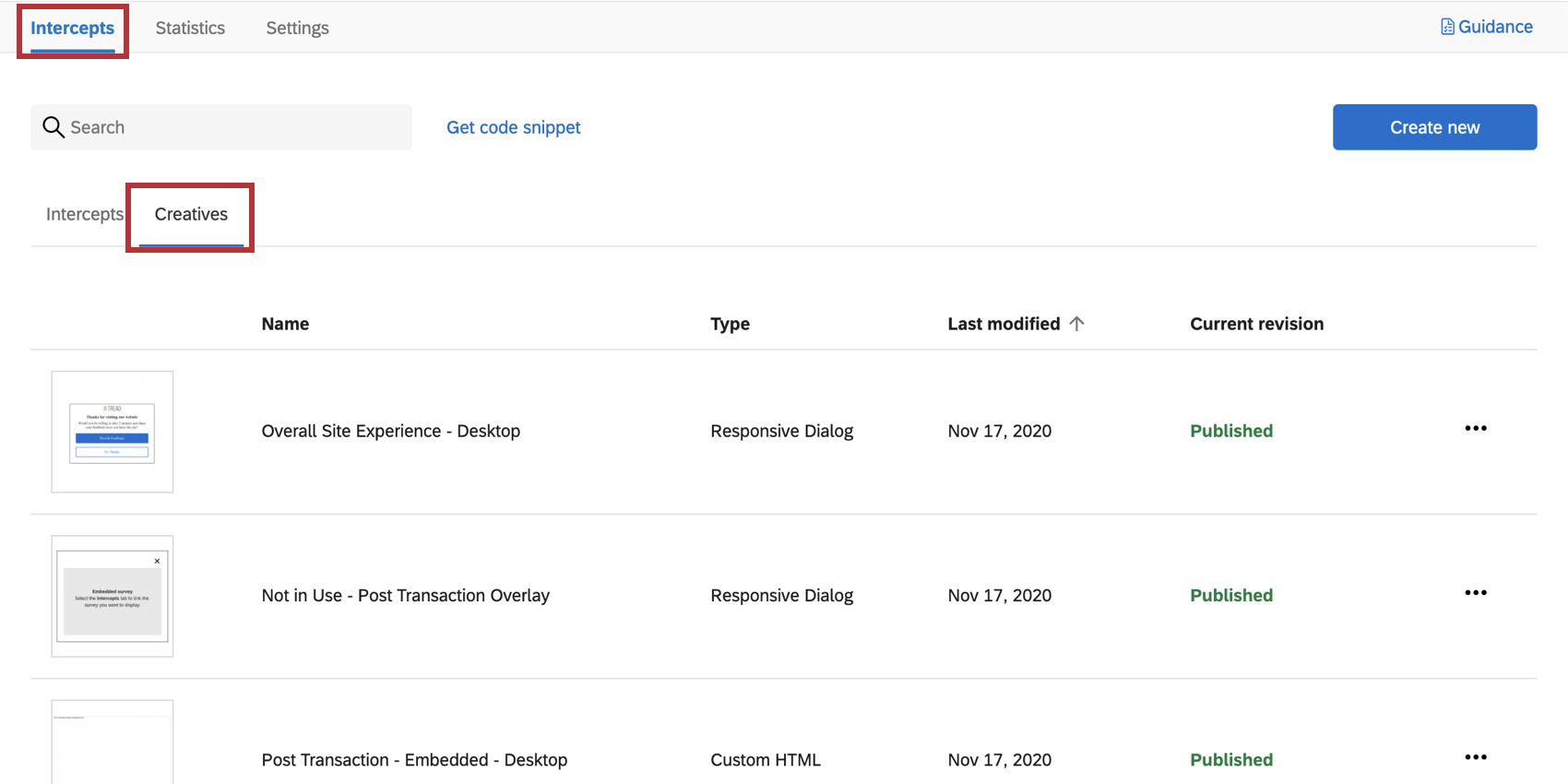 Onglet Intercept, section Créatifs