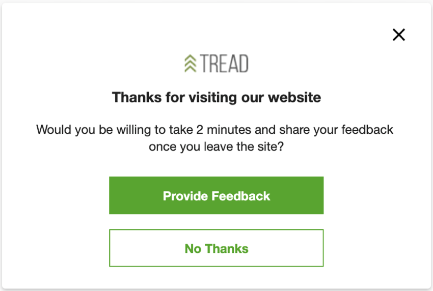 A window with a logo and a message thanking visitors for visiting, then showing two buttons, one for providing feedback, and one for closing the window