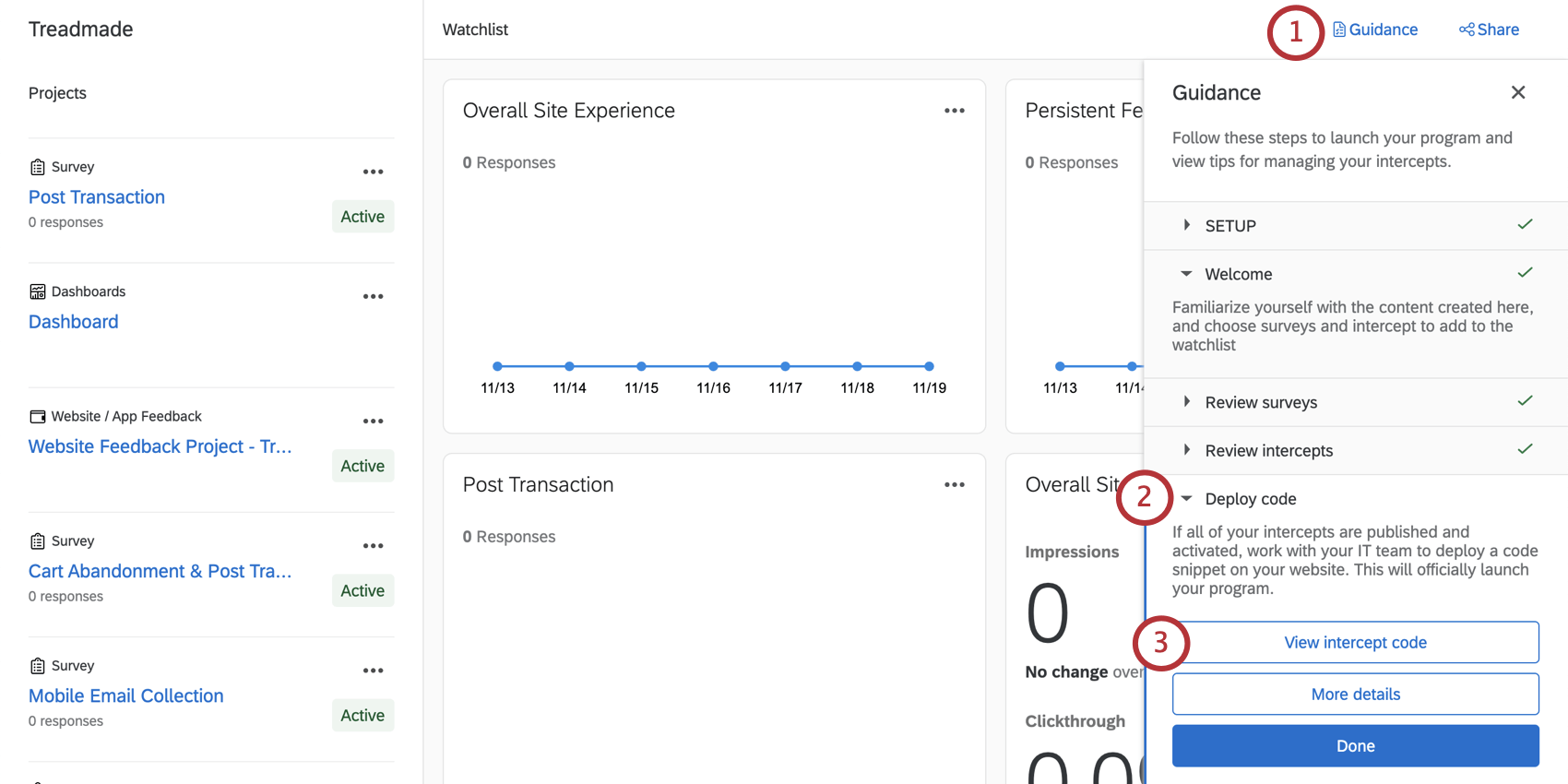 Guidance sidebar opened and deploy code section opened