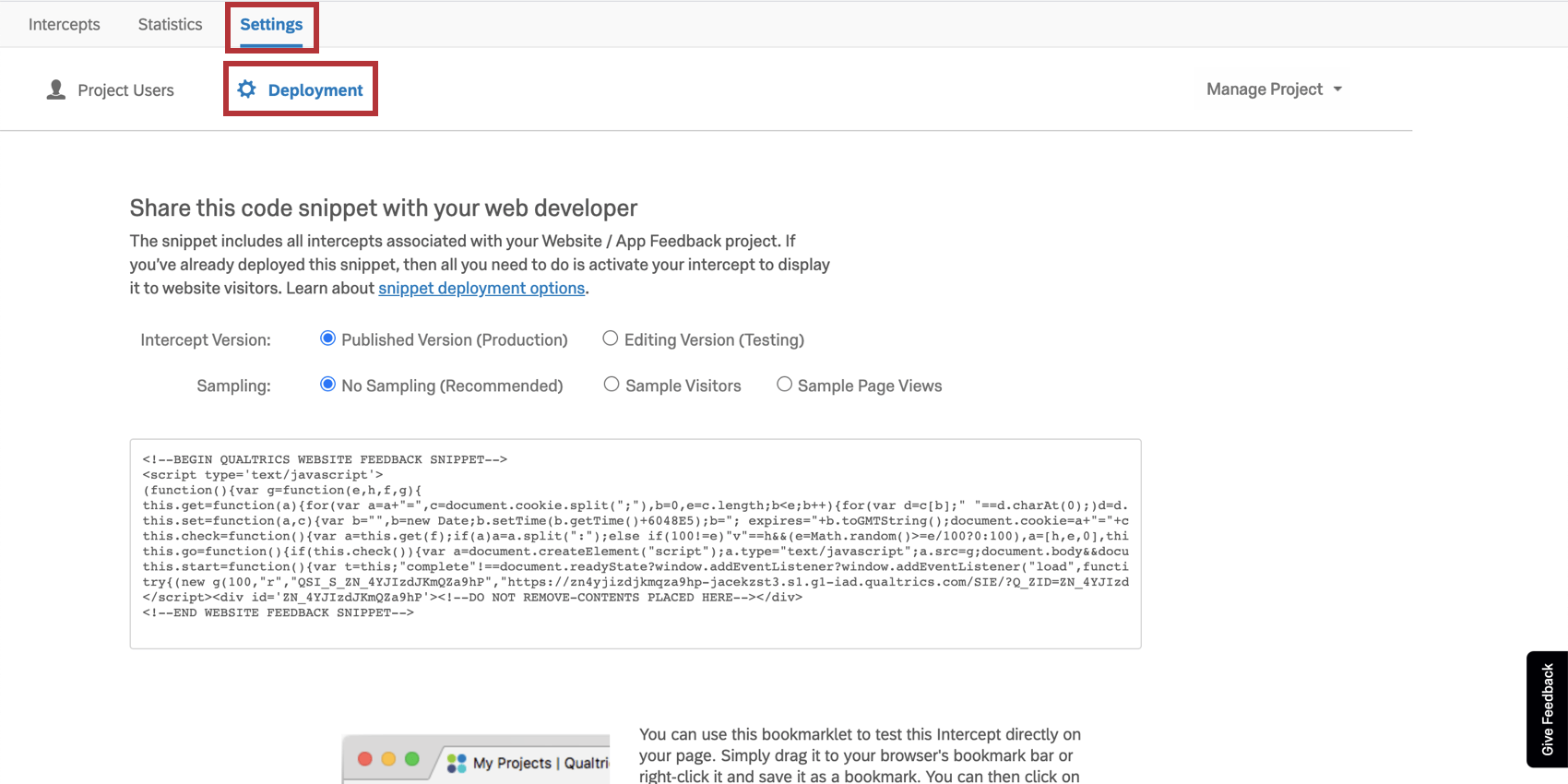 Im Deployment-Abschnitt der Einstellungen wird Code angezeigt.