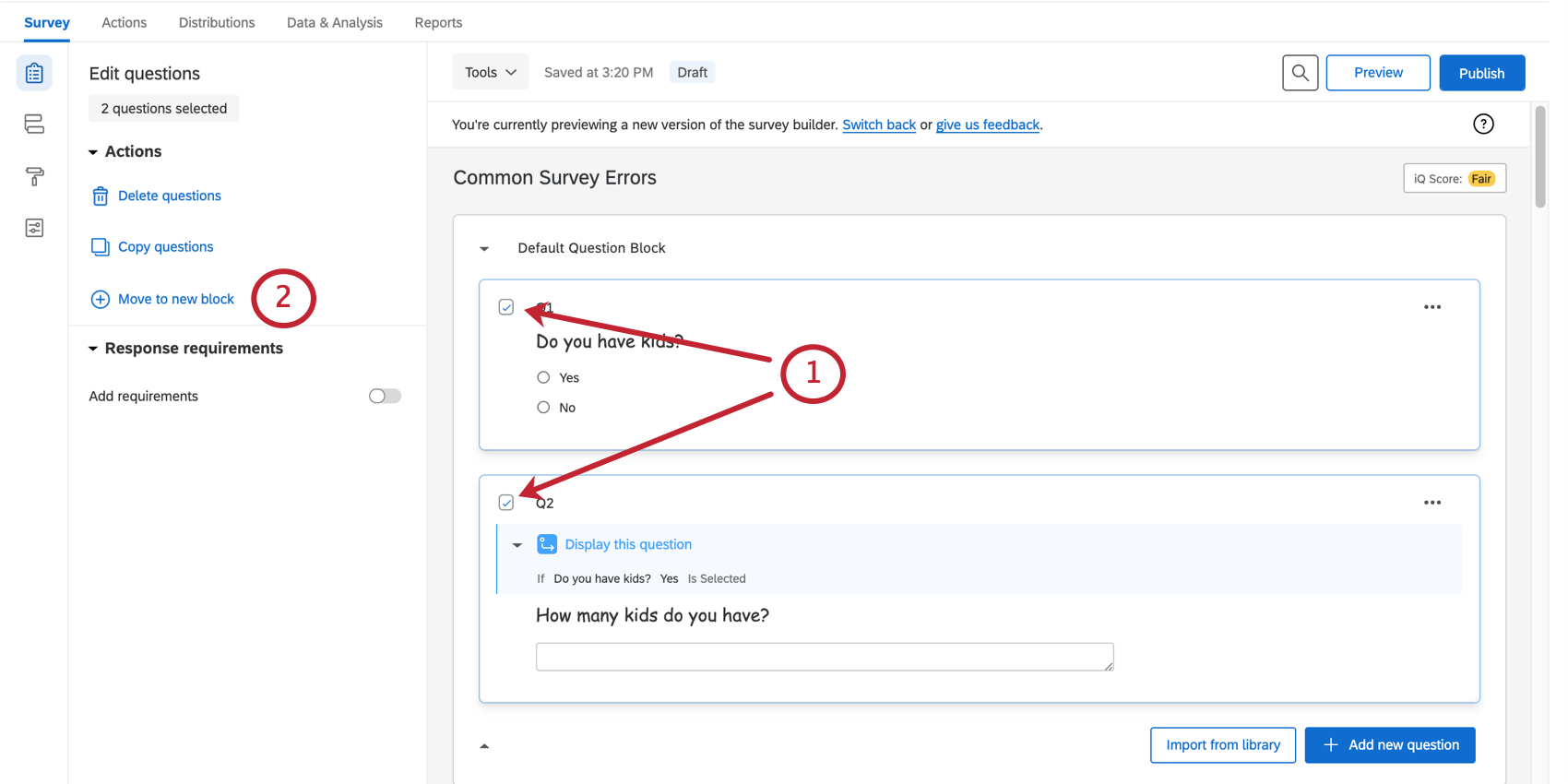 Options for moving a question