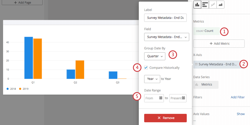 年度別四半期比較の標準グラフ。日付のX軸上にメニューが開き、以下の設定が表示される。