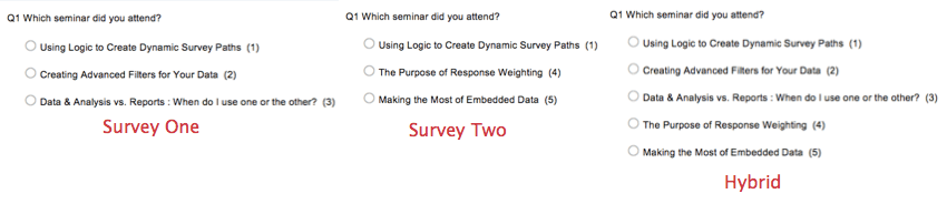 Example of questions from Survey One, Survey Two, and a Hybrid of the two