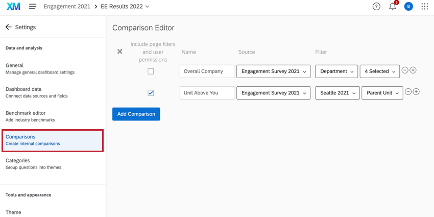 la sezione Confronti delle impostazioni del dashboard