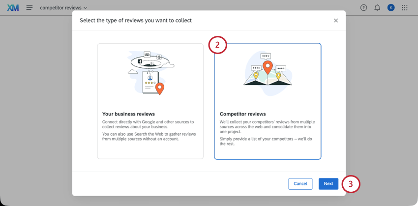 new window where you select from business reviews and competitor reviews
