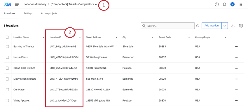location IDs as they appear in a location directory