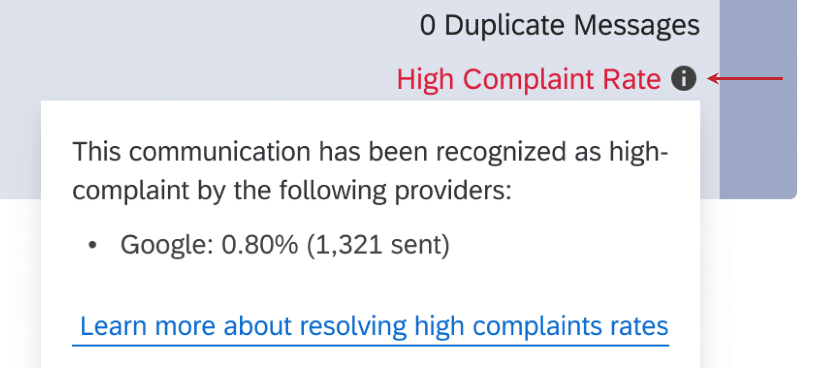 information icon that displays more information about complaint rates for specific providers