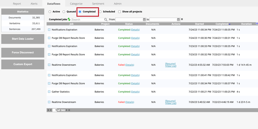 the completed section of dataflows