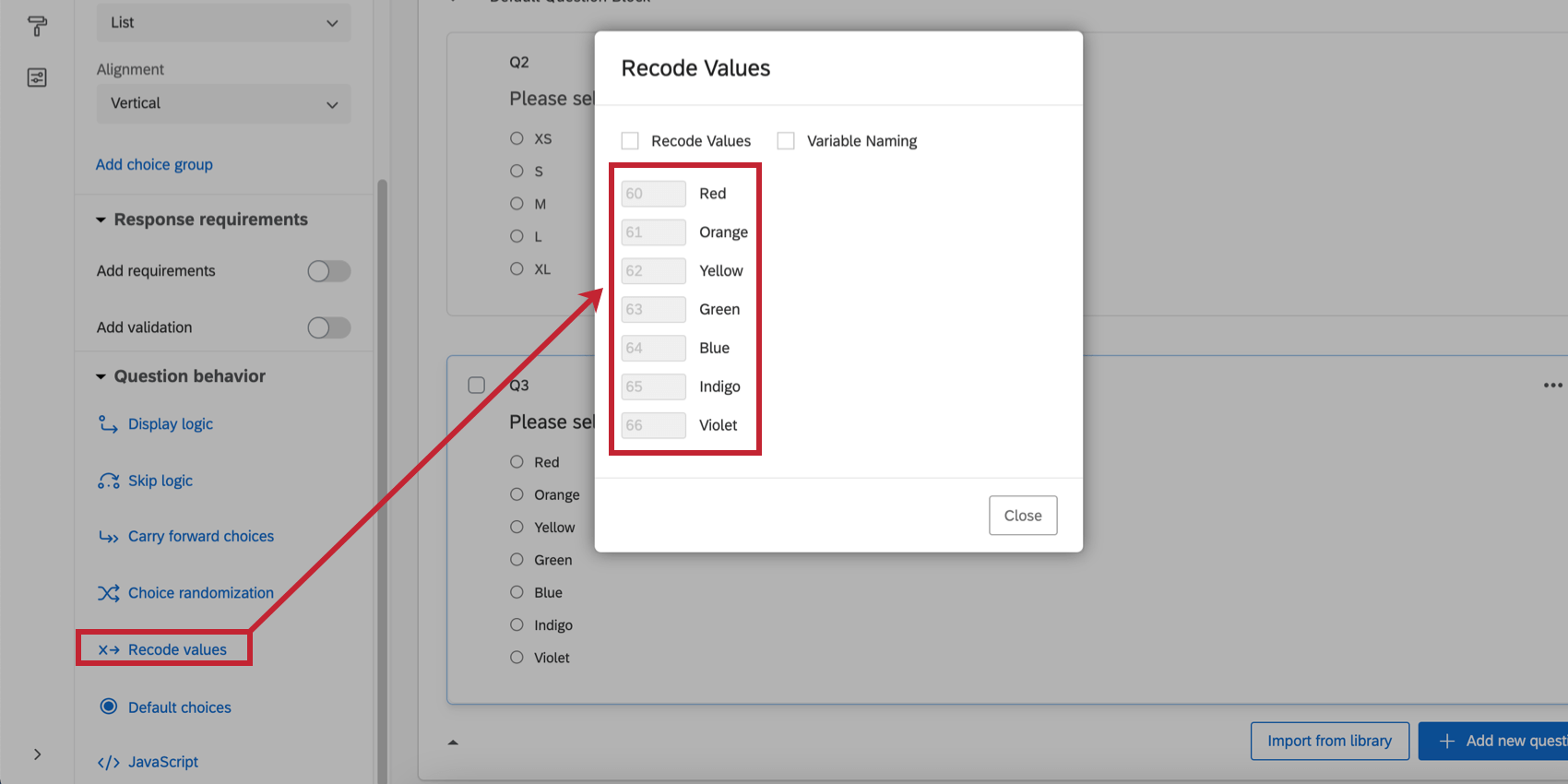 the recode values window open in the survey editor