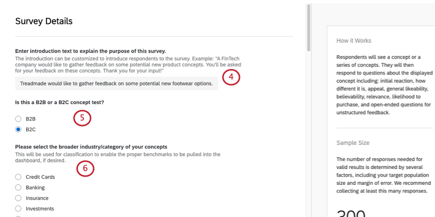 Survey Details window opened, with numbers by the paragraphs - B2C is selected