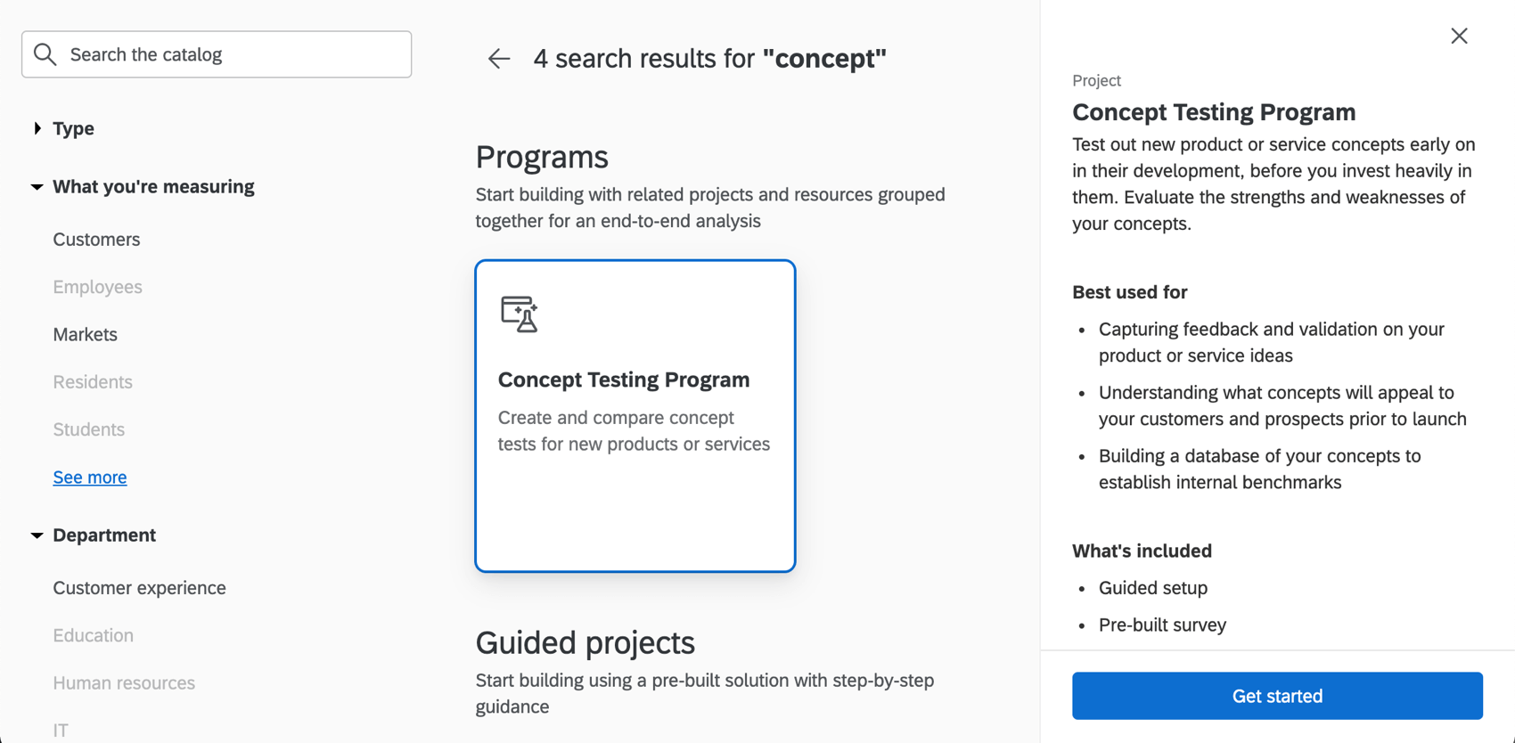 image of Concept testing program appearing under programs in the Catalog