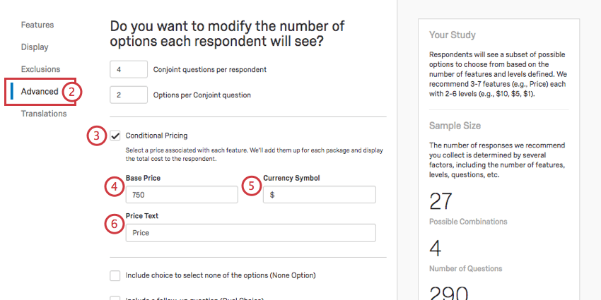 Advanced section, third option selected opens options for base price, currency symbol, and price label