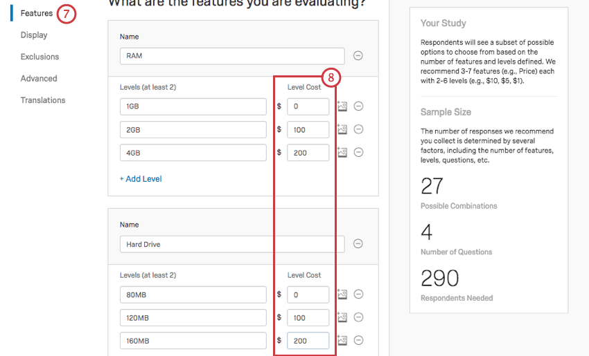 En descendant dans la page des attributs, 1GB RAM est un coût de niveau 0, 2GB RAM est un coût de niveau 100, 4GB RAM est un coût de niveau 200, 80 MB hard drive est un coût de niveau 0, 120 MB hard drive est un coût de niveau 100, et 160MB hard drive est un coût de niveau 200