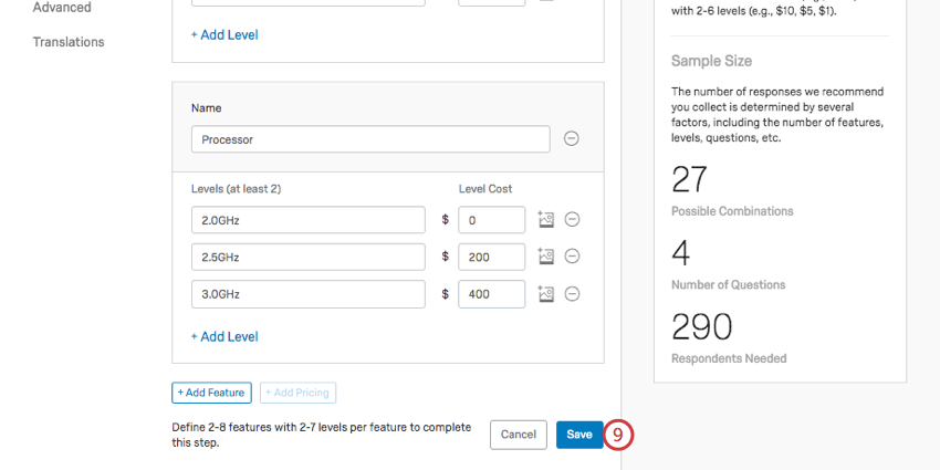 For the last attribute, processor, 2 GHz is 0 level cost, 2.5 is 200 level cost, and 3 is 400 level cost