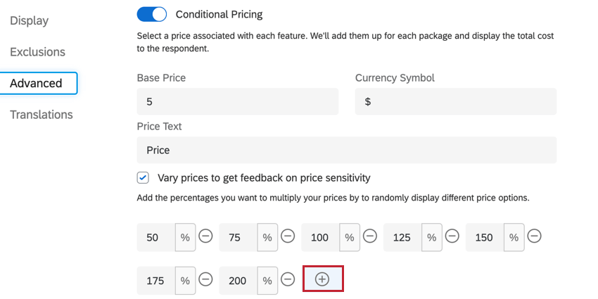 El signo más para agregar multiplicadores adicionales a sus precios variados.