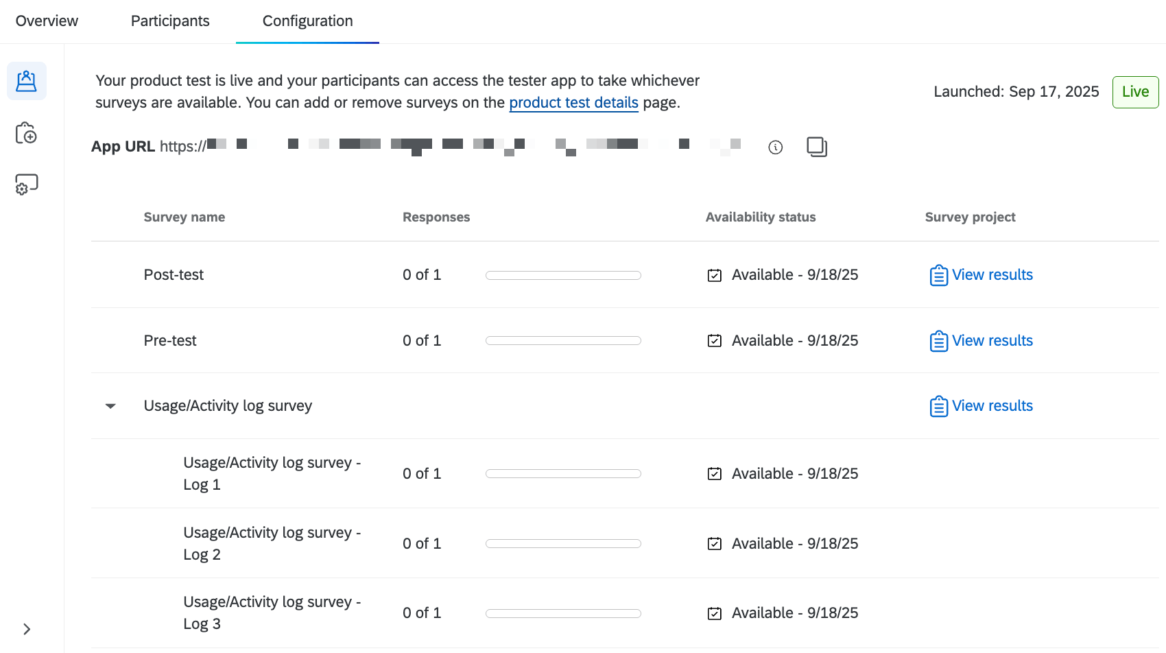 visualização da guia de configuração quando o teste do produto é iniciado