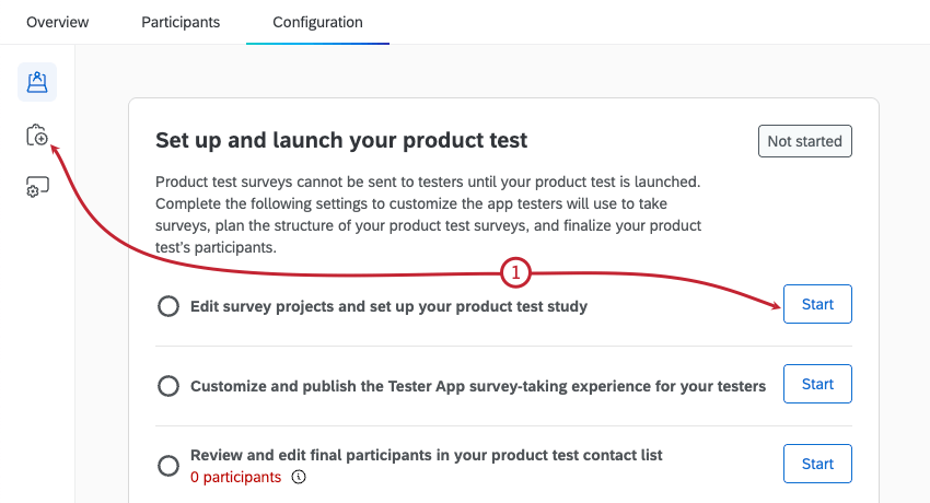 button to access the product test set up