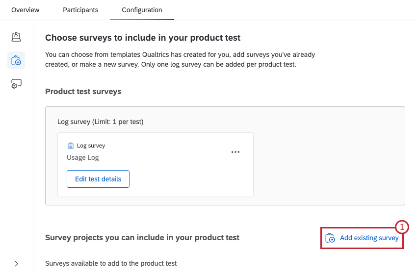 para adicionar uma pesquisa existente para que ela fique disponível para ser adicionada ao teste do produto