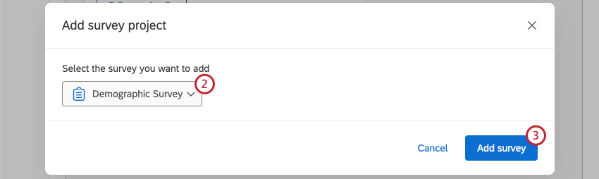 selecting a survey and clicking "add survey"
