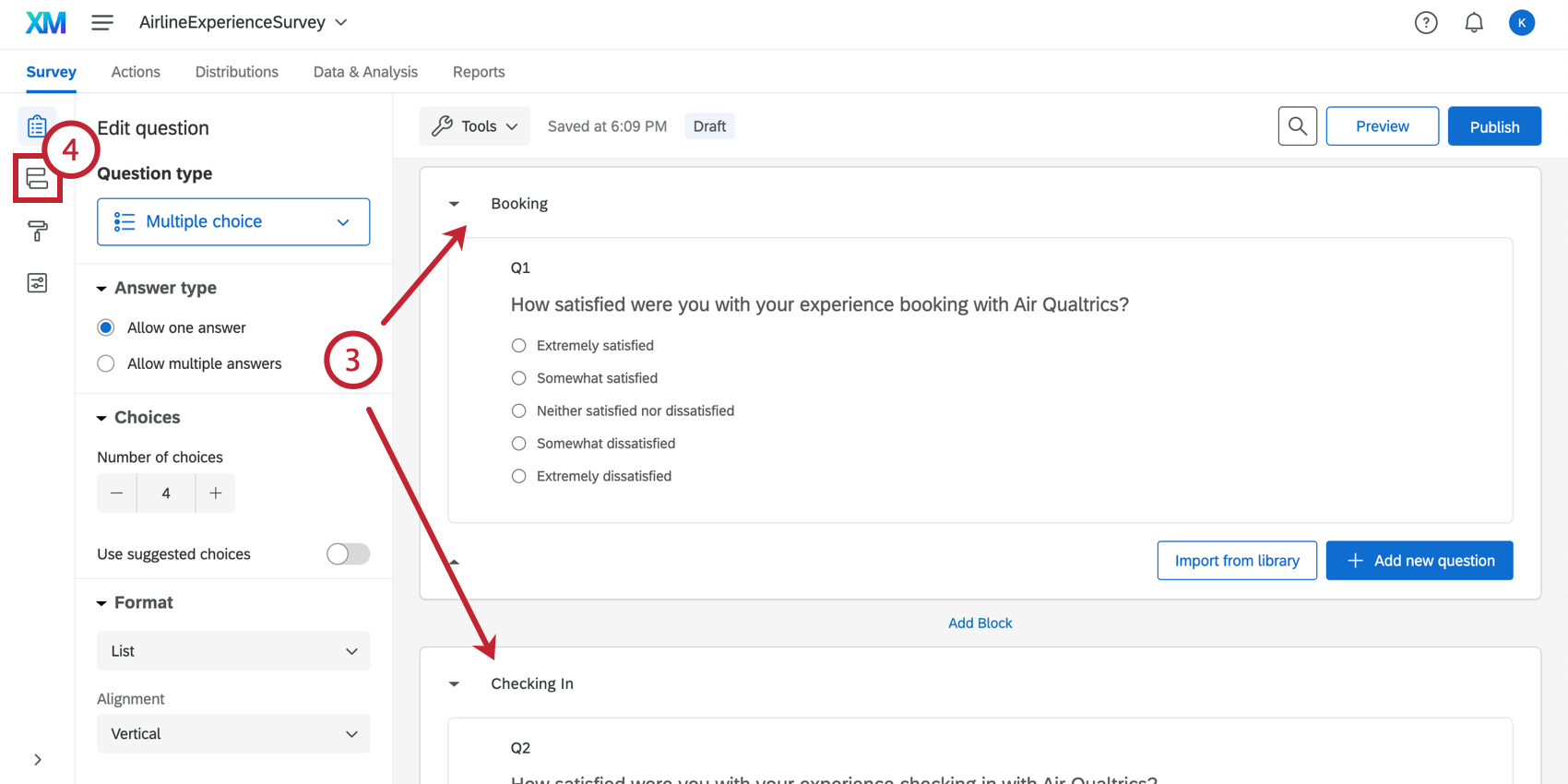 Creación de bloques para diferentes etapas en el editor de encuesta ; navegación al flujo de la encuesta