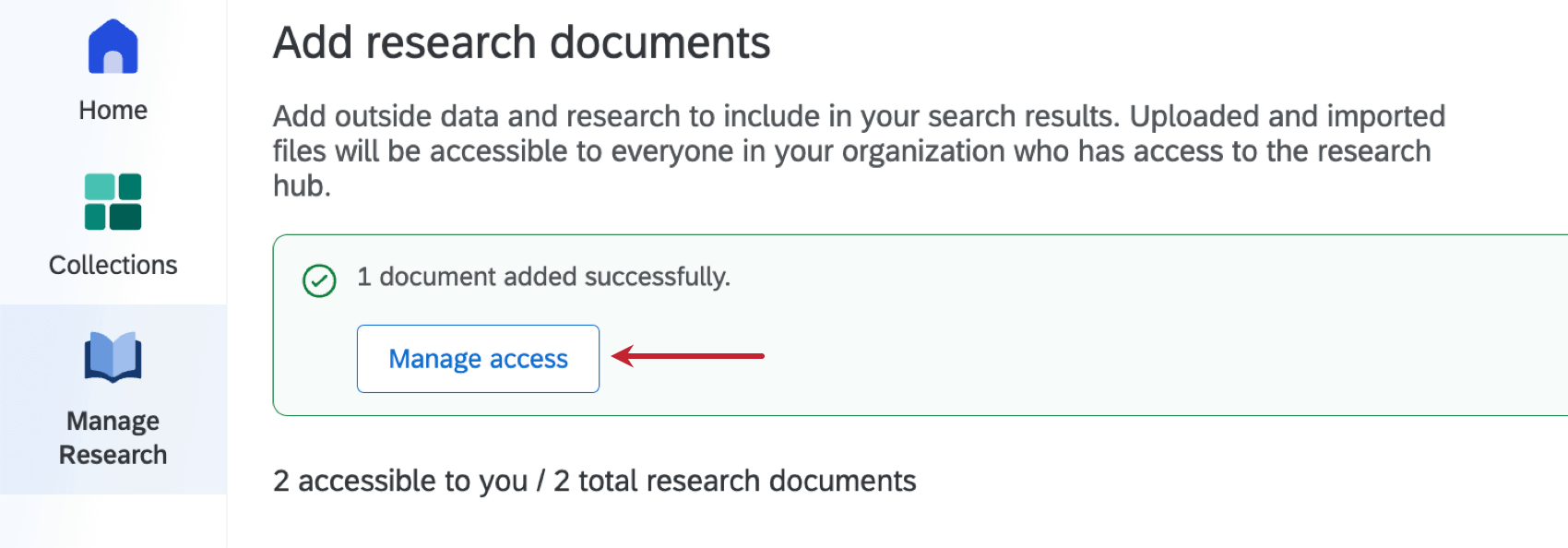 Banner para gestionar el acceso a un documento subido recientemente
