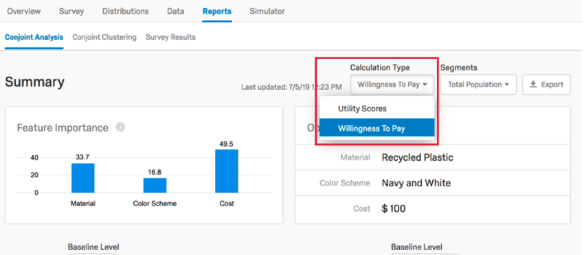 using the calculation type dropdown to select willingness to pay