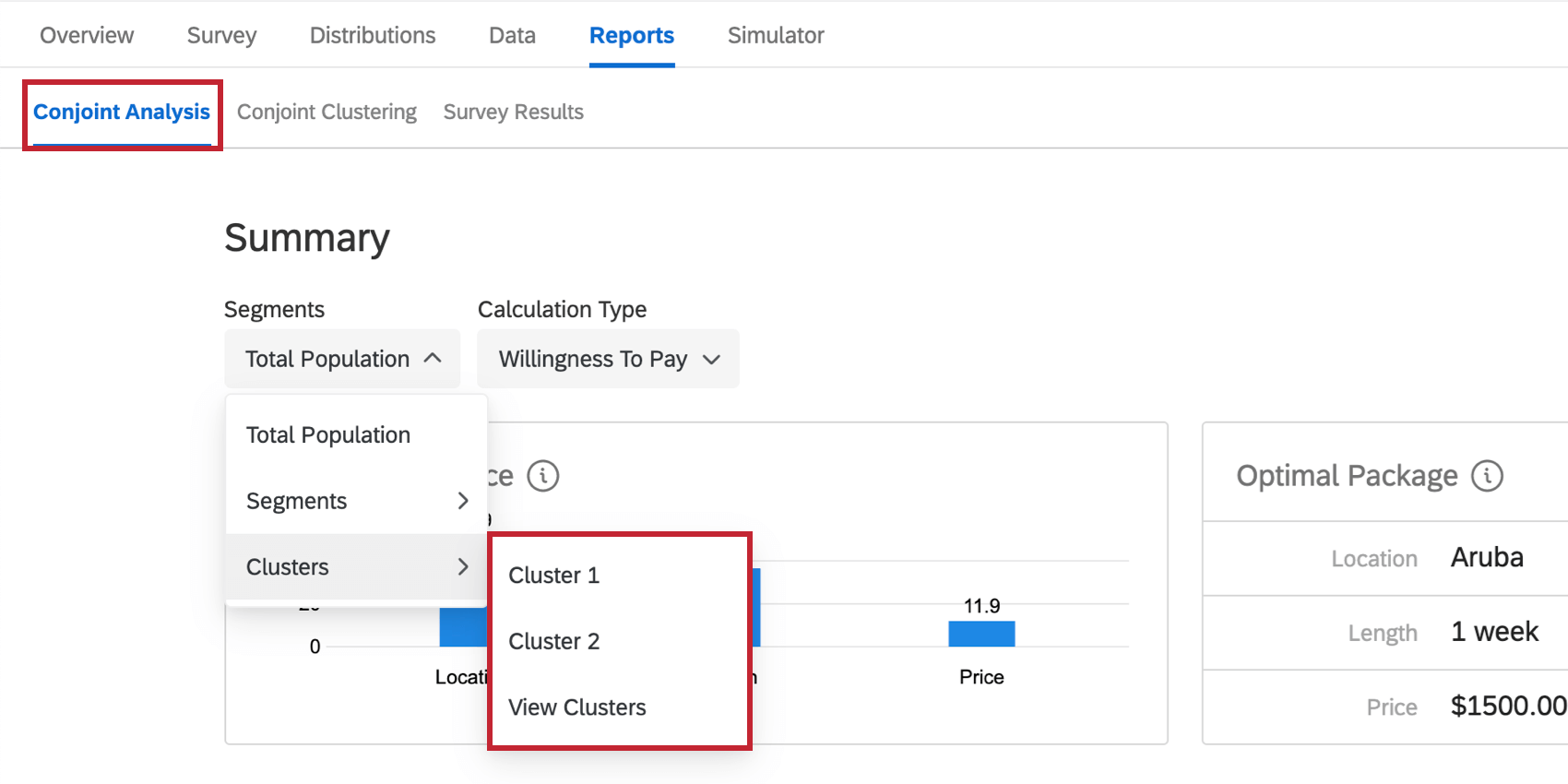 In the Conjoint Reports, the dropdown is expanded and a cluster is selected