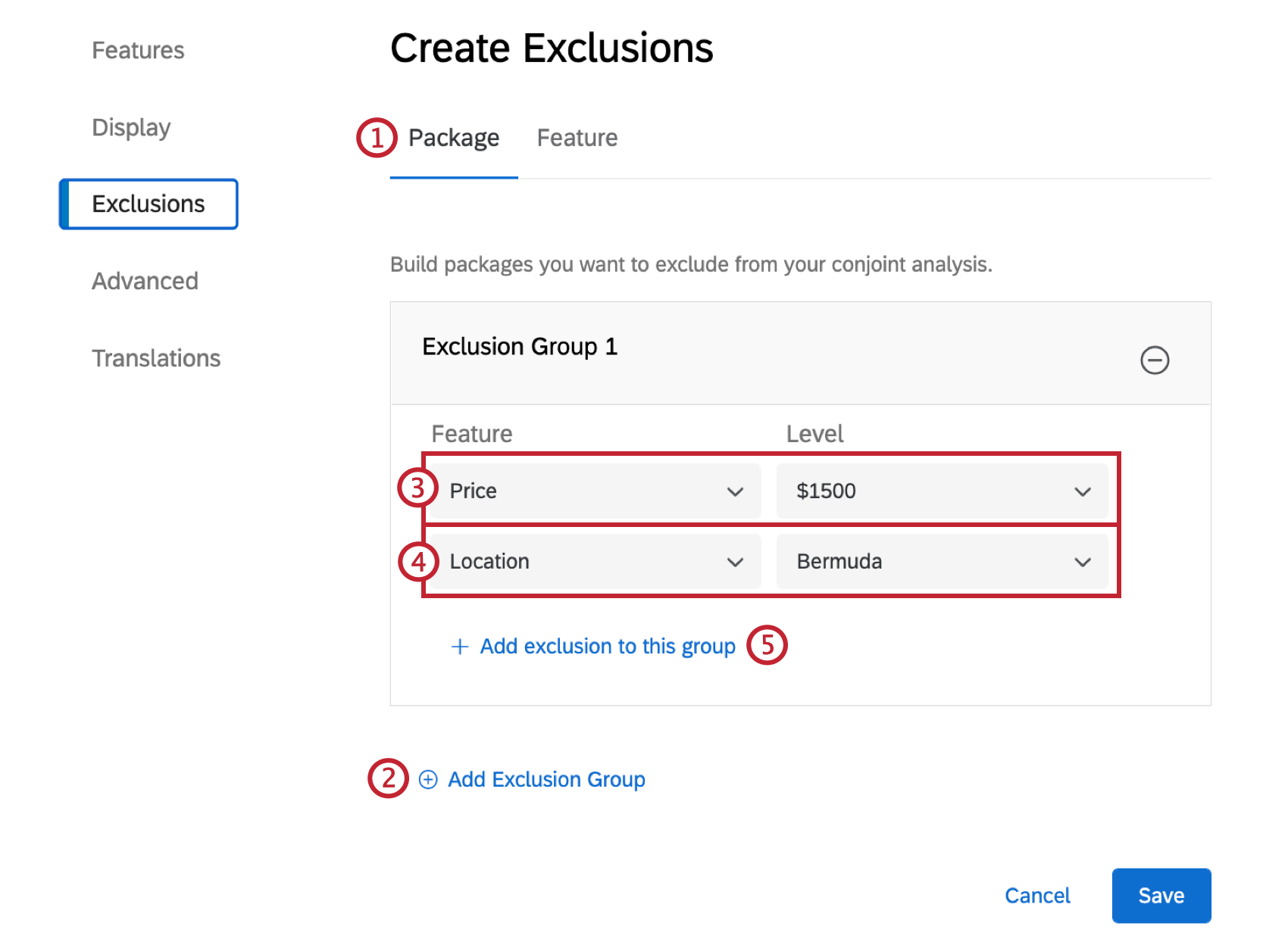 Configuración de exclusiones de paquetes mediante una serie de menús desplegables