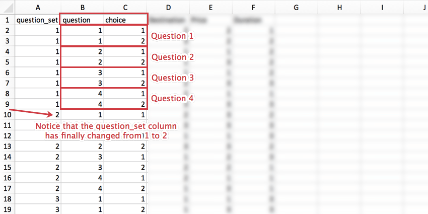 Un fichier CSV avec les lignes qui changent et leur correspondance aux choix entourés en rouge