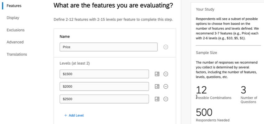 Features and Levels in the product