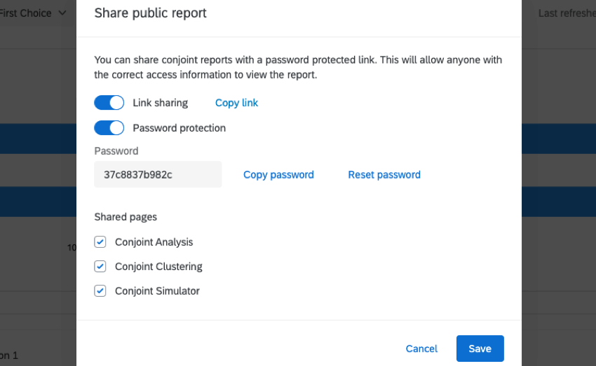 sharing menu for conjoint report