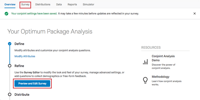Preview and Edit Survey button in blue