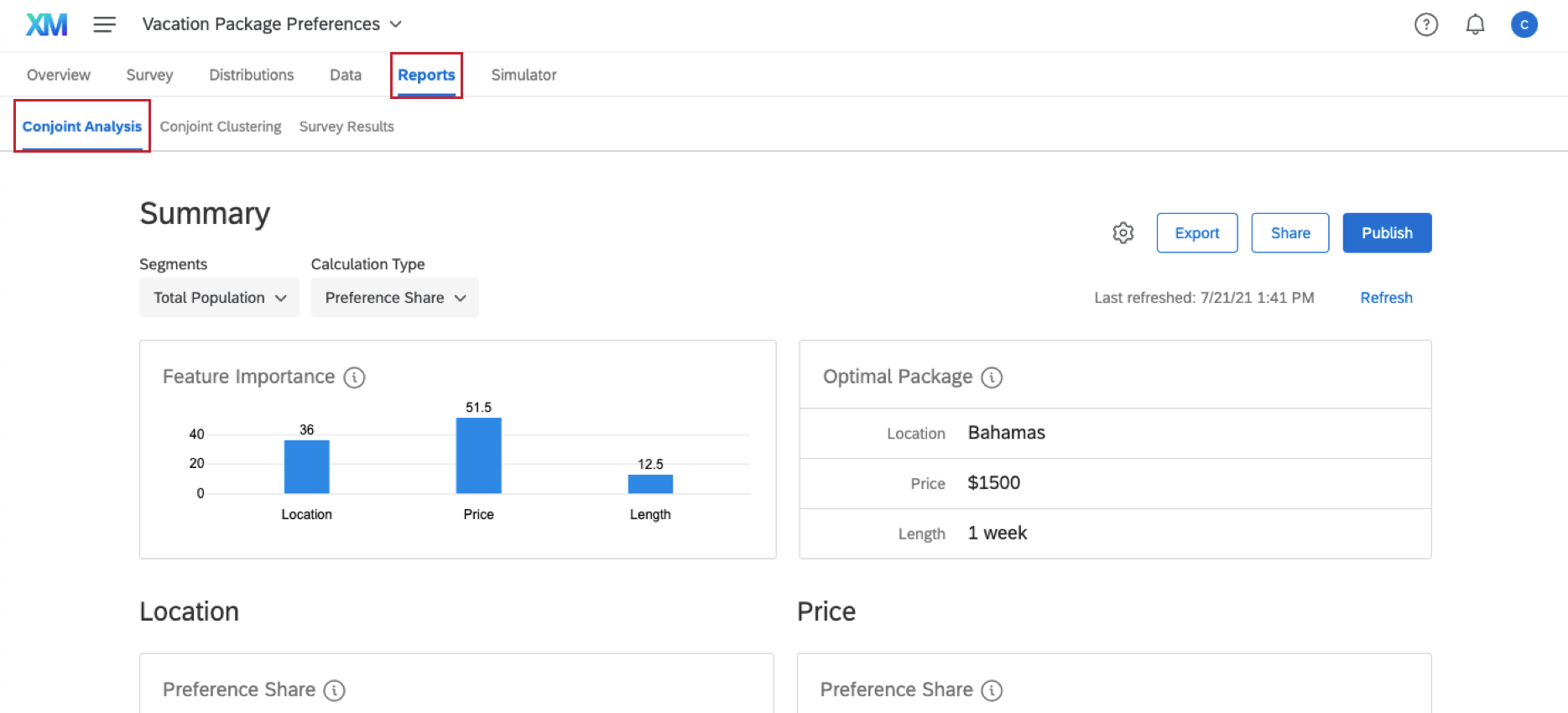 Reports tab is selected along the top, and beneath that conjoint analysis is selected