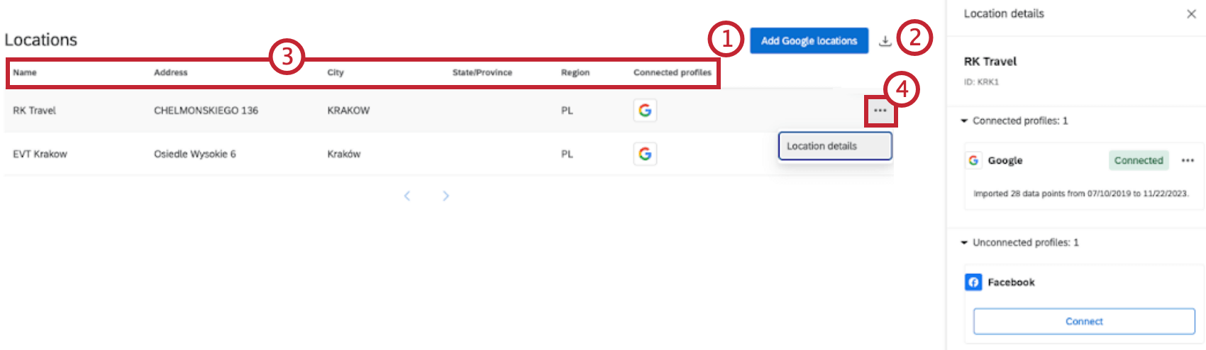 Auf der Registerkarte „Reputationsmanagement“ ist jeder Standort in einer Tabelle aufgeführt. 3 Punkte Menü ganz rechts von jedem Standort hat die Option „Standort bearbeiten“.