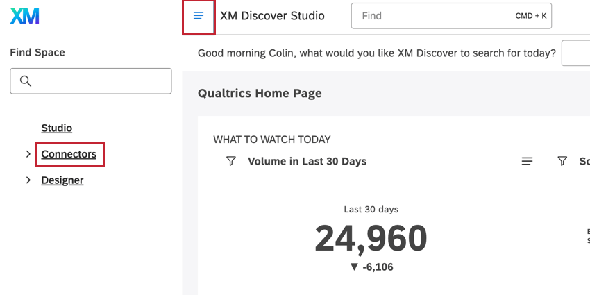 clicking the navigation menu in the top left corner and selecting Connectors